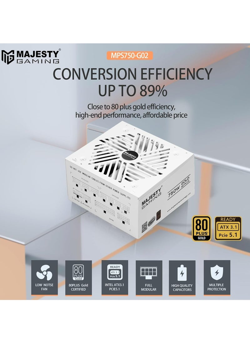 Majesty Majesty 750W Gold Fully Modular Low Noise Power Supply - ATX 3.1 & PCIe 5.1 Compatible - 105°C Capacitors - 80+ Gold Efficiency - Modern Standby Support - White  - Image 2