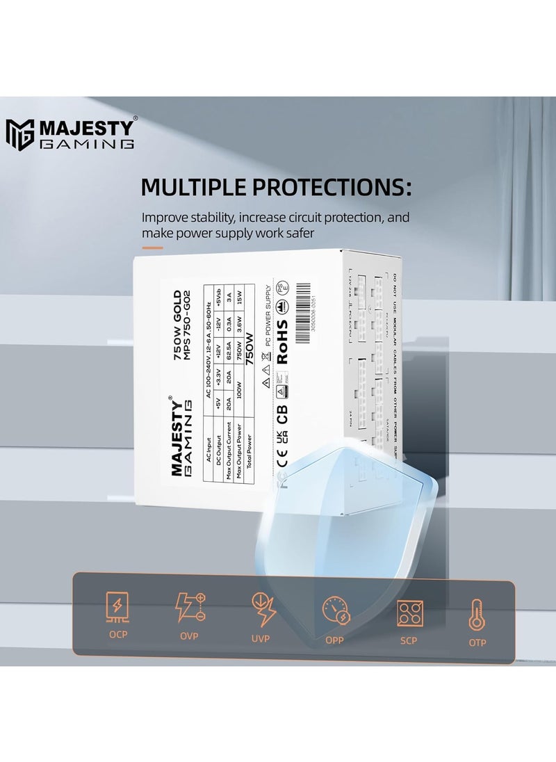 Majesty Majesty 750W Gold Fully Modular Low Noise Power Supply - ATX 3.1 & PCIe 5.1 Compatible - 105°C Capacitors - 80+ Gold Efficiency - Modern Standby Support - White  - Image 4