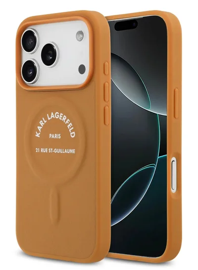 كارل لاغرفيلد جراب MagSafe لهاتف iPhone 17 Pro Maxمصنوع من مادة البولي يوريثان مع أزرار شعار Karl RSG / سهل التركيب / تصميم رفيع / خفيف الوزن / غطاء خلفي - بني