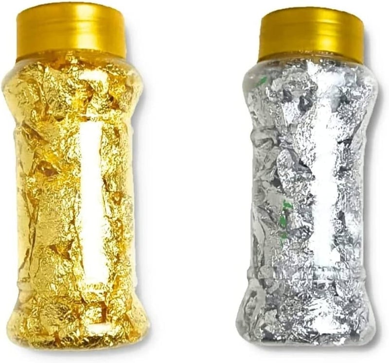 A.K GOLD LEAF Gold Leaf Flakes Gold Flakes for Decorating Cake Borders Nail Deco Resin Art and Craft Offer 1 1 Free Total 2 Jars - Image 1