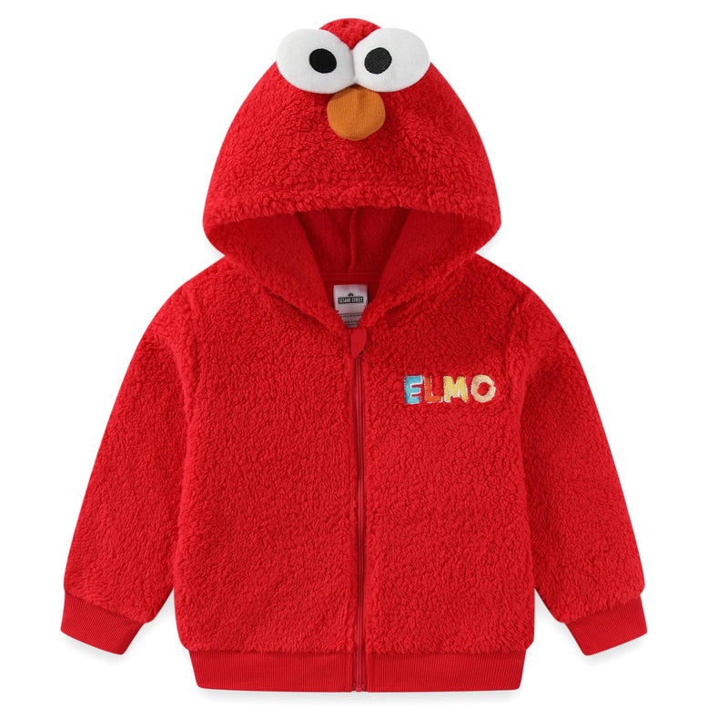 Sesame Street Elmo Cookie Monster Boys Zip Up Sherpa Hoodie with 3D Eyes for Toddler Red - Image 1