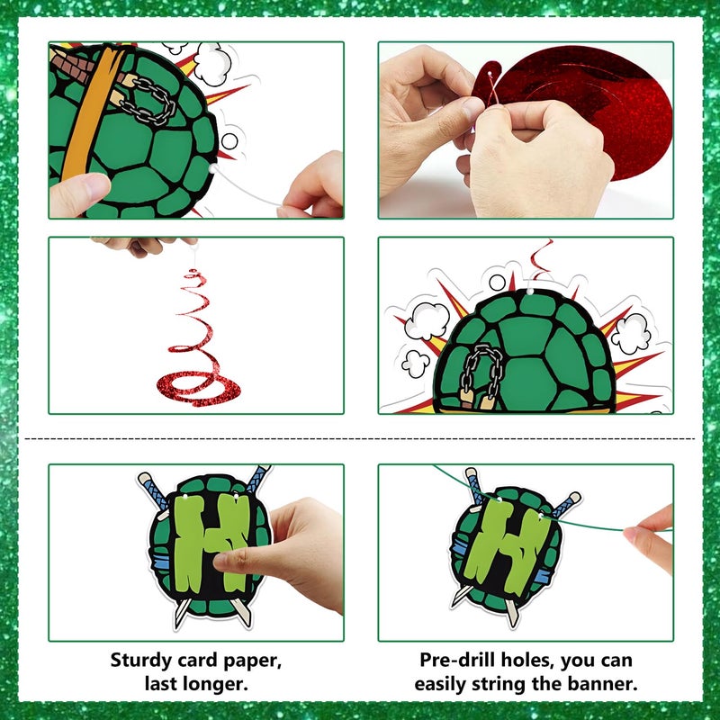 LANFUBEISI Birthday Decorations Set Include Banner and Hanging Swirls Green Happy Birthday Banner, Pizza and Turtle Pattern Double-sided Cutouts with Hanging Swirls Indoor Outdoor - Image 3