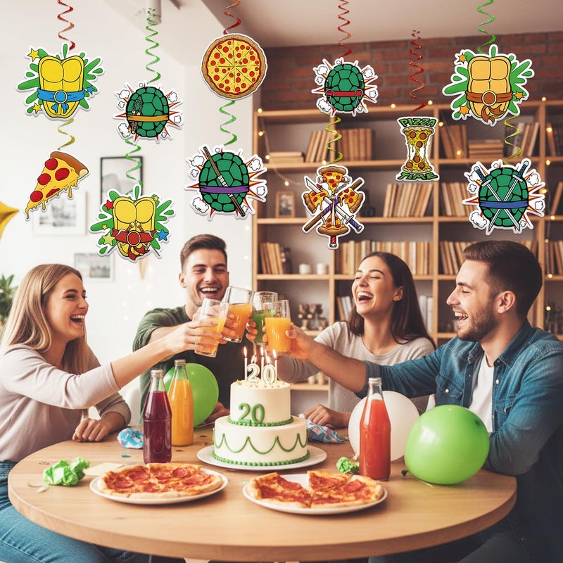LANFUBEISI Birthday Decorations Set Include Banner and Hanging Swirls Green Happy Birthday Banner, Pizza and Turtle Pattern Double-sided Cutouts with Hanging Swirls Indoor Outdoor - Image 5