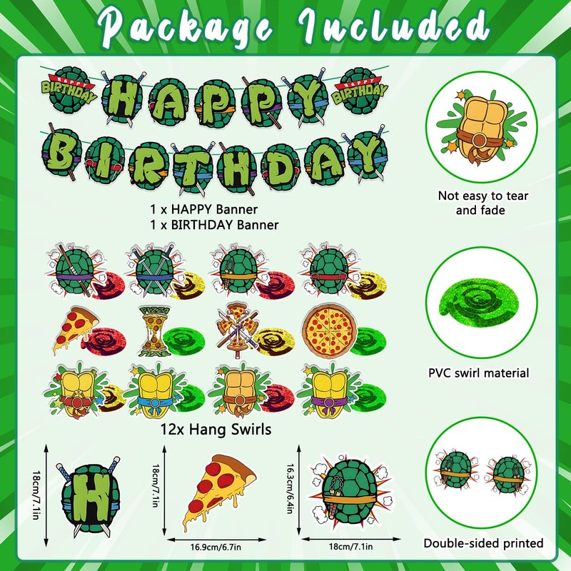 LANFUBEISI Birthday Decorations Set Include Banner and Hanging Swirls Green Happy Birthday Banner, Pizza and Turtle Pattern Double-sided Cutouts with Hanging Swirls Indoor Outdoor - Image 2