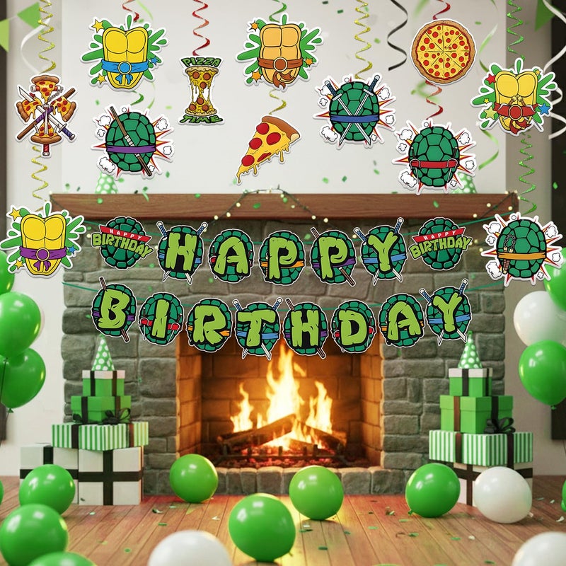 LANFUBEISI Birthday Decorations Set Include Banner and Hanging Swirls Green Happy Birthday Banner, Pizza and Turtle Pattern Double-sided Cutouts with Hanging Swirls Indoor Outdoor - Image 4