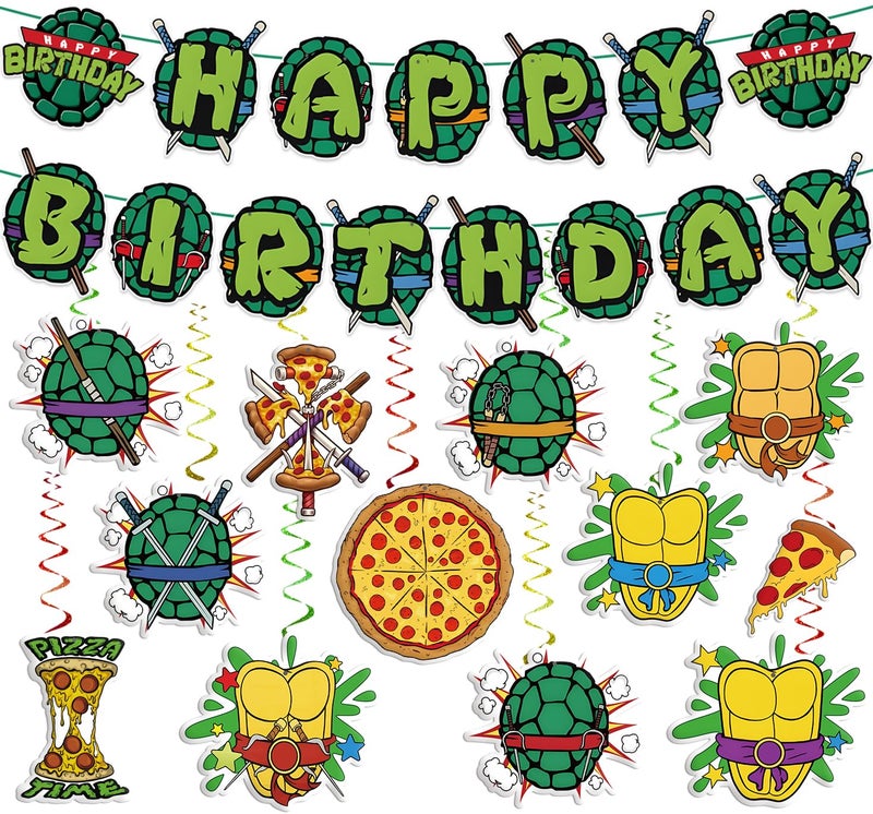 LANFUBEISI Birthday Decorations Set Include Banner and Hanging Swirls Green Happy Birthday Banner, Pizza and Turtle Pattern Double-sided Cutouts with Hanging Swirls Indoor Outdoor - Image 1