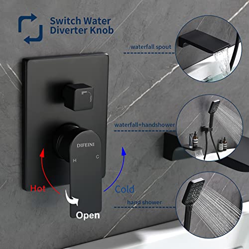 DIFEINI Wall Mount Waterfall Bathtub Faucets with Sprayer Tub Filler Faucet Tub Shower Faucet Set with Rough-in Valve Trim Kit Matte Black - Image 4