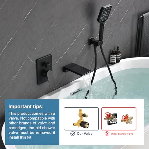 DIFEINI Wall Mount Waterfall Bathtub Faucets with Sprayer Tub Filler Faucet Tub Shower Faucet Set with Rough-in Valve Trim Kit Matte Black - Image 2