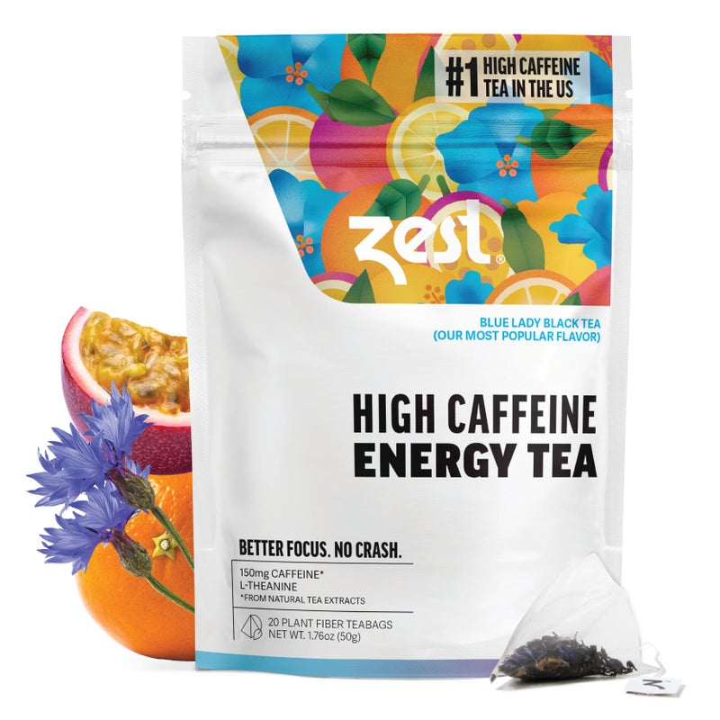 Zest Energy Tea Bags â€“ Blue Lady Passion Fruit Black Tea â€“ High Caffeine Tea for Morning Energy, Focus & Clarity â€“ Natural Caffeinated Tea with 150mg Caffeine â€“ 20Ct Pack â€“ Non-GMO & Keto Friendly - Image 1