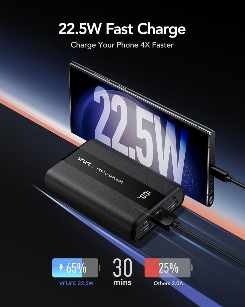 VRURC Powerbank, 22.5W Power Bank 20000mAh, PD & QC 3.0 Fast Charging USB C Portable Charger, 4 Output 3 Input Battery Pack with LED Display Compatible with iPhone 17 16 15 14 13 12 Pro/Max Xiaomi - Image 1