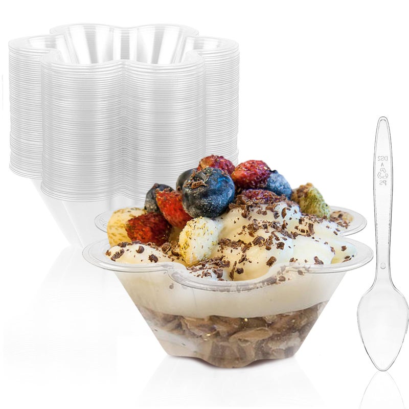 TOFLEN 8 oz Dessert Cups with Spoons 50 Pack Clear Plastic Small Party Serving Bowls for Sundae Parfait Fruit Strawberry Shortcake Disposable Snack Bowls Flower Shape