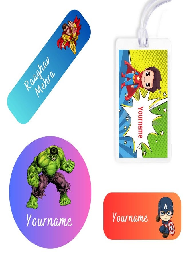 Yellow Nuts Personalized Kids Name Stickers Waterproof Water Bottle Lunch Box 72 Pcs School Bag Lugagge Tag Labels Notebooks Laptop Journals (Superhero) - Image 1