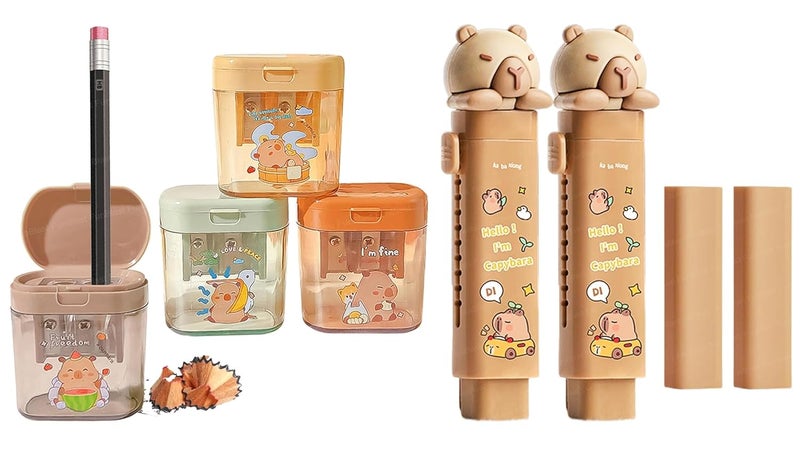 FunBlast Capybara Stationery Set – Capybara Theme 4 Pcs Sharpener and 2 Pcs Eraser Combo for Kids, Stationaries Items for Kids, Birthday Return Gift for Kid, School Supplies Stationary Kit - Image 1