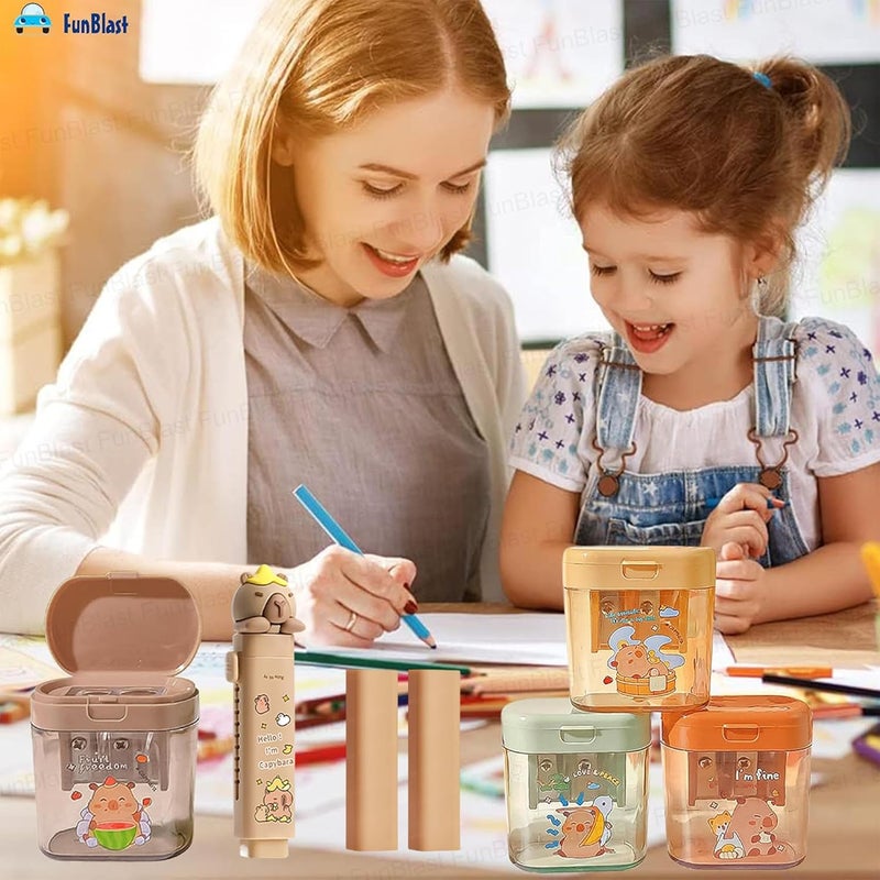 FunBlast Capybara Stationery Set – Capybara Theme 4 Pcs Sharpener and 2 Pcs Eraser Combo for Kids, Stationaries Items for Kids, Birthday Return Gift for Kid, School Supplies Stationary Kit - Image 5