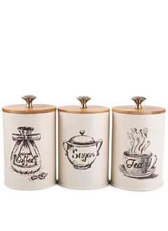 Canister Sets for Kitchen Counter, Coffee Sugar Tea Canister Set, Metal Vintage Kitchen Containers 3 Pack, Food Storage Containers with Bamboo Lid, Farmhouse Decor, Beige