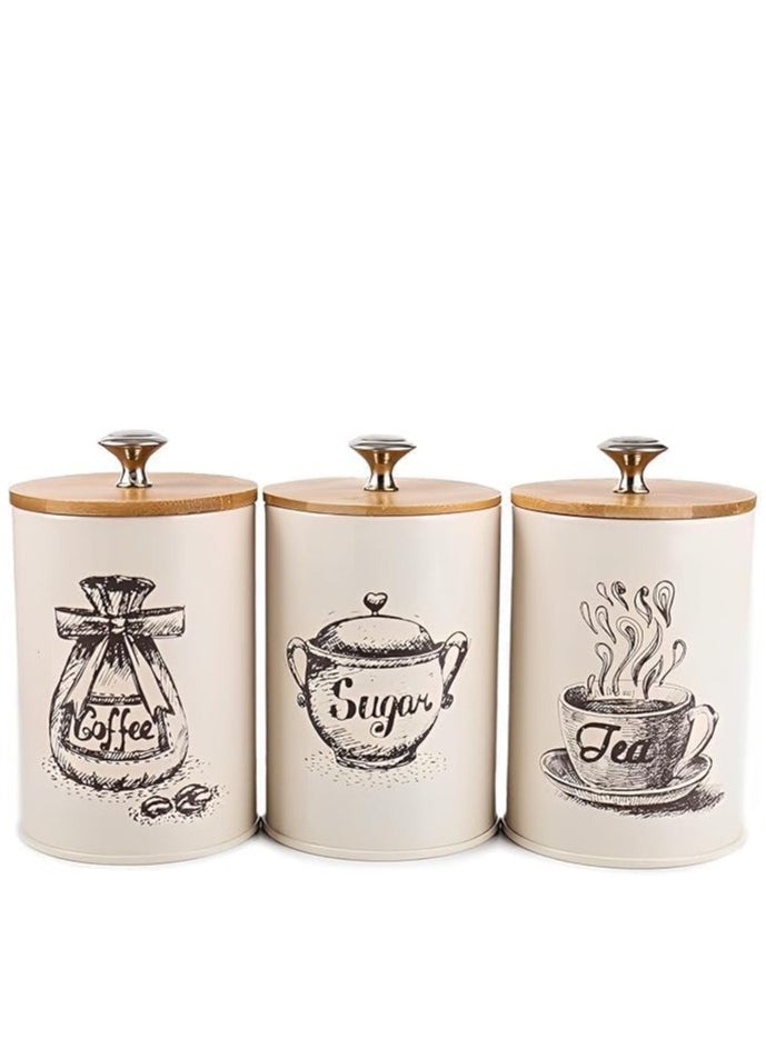 Generic - Canister Sets for Kitchen Counter, Coffee Sugar Tea Canister Set, Metal Vintage Kitchen Containers 3 Pack, Food Storage Containers with Bamboo Lid, Farmhouse Decor, Beige - Image 1