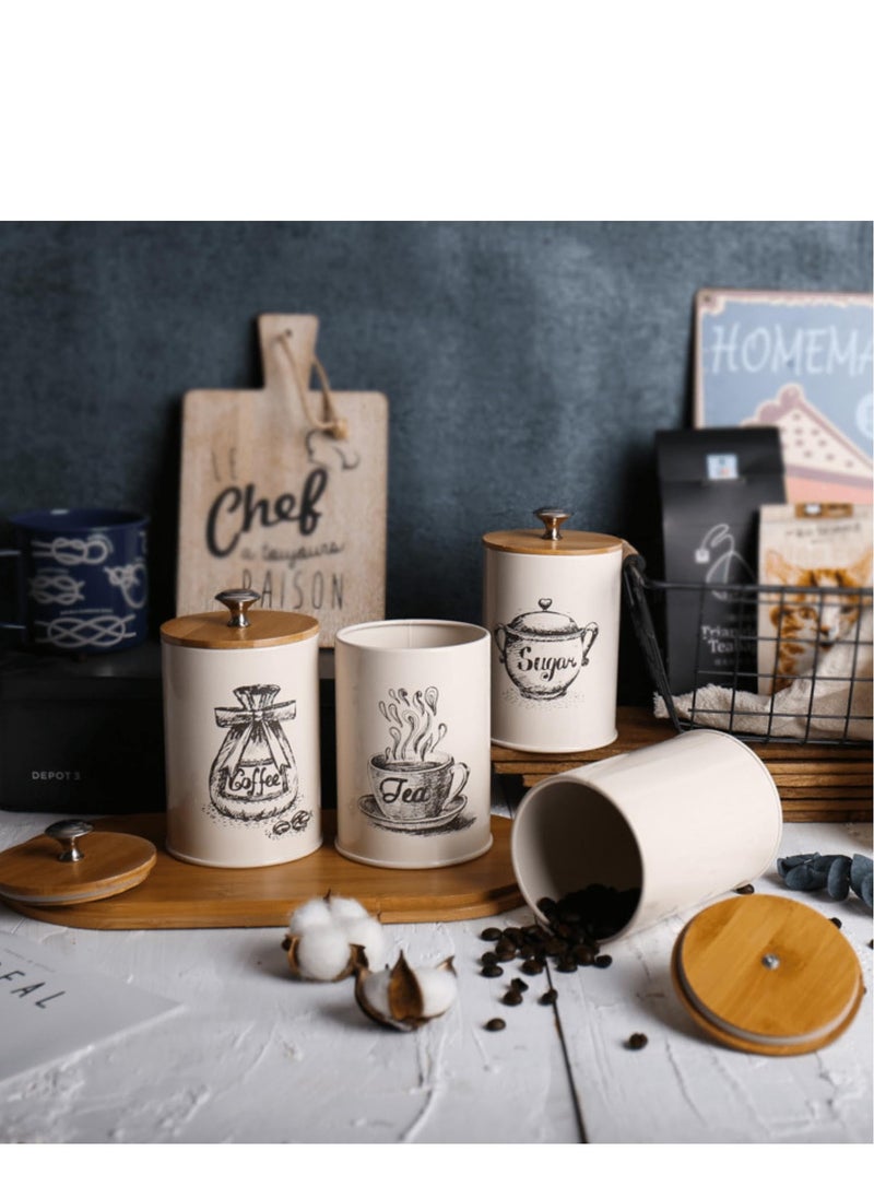 Generic - Canister Sets for Kitchen Counter, Coffee Sugar Tea Canister Set, Metal Vintage Kitchen Containers 3 Pack, Food Storage Containers with Bamboo Lid, Farmhouse Decor, Beige - Image 1