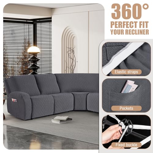 VANSOFY Extra Large Reclining Sectional Couch Covers, Washable 5-Piece Sofa Covers for L Shape Sectional Sofa Corner Seater, Thick, Soft Sofa Slipcovers (5 Seat Recliner Cover,Charcoal Gray) - Image 5