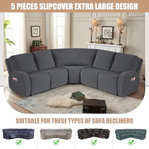 VANSOFY Extra Large Reclining Sectional Couch Covers, Washable 5-Piece Sofa Covers for L Shape Sectional Sofa Corner Seater, Thick, Soft Sofa Slipcovers (5 Seat Recliner Cover,Charcoal Gray) - Image 4