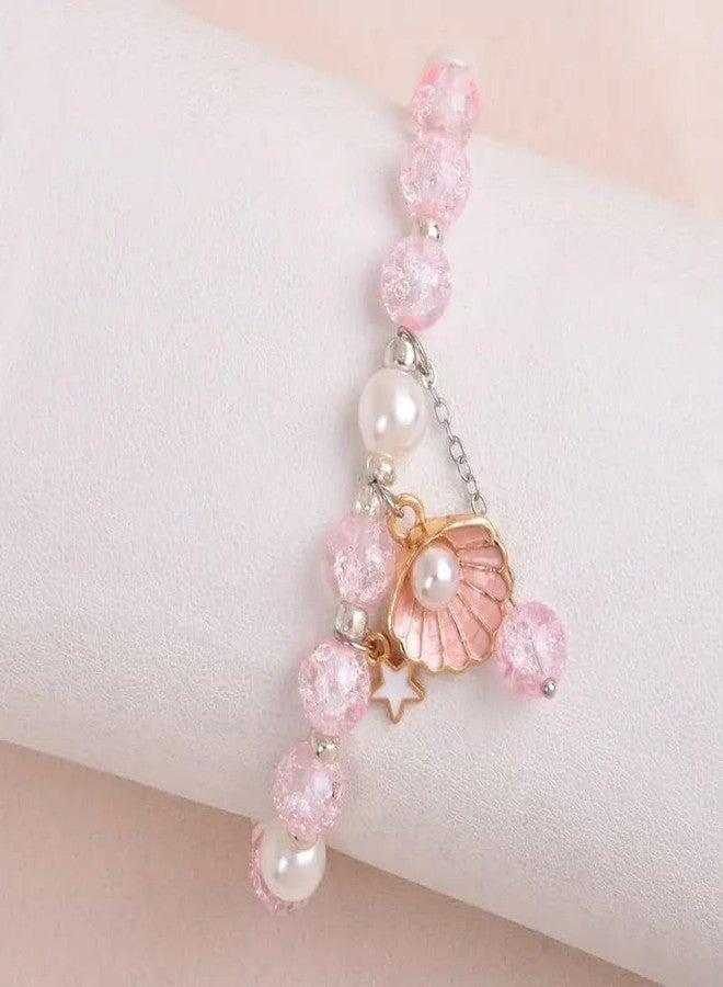 El Regalo Beautiful Shiny Crystals, Shell Pearl, Star Charms Beads Stretch Bracelet for Girls/Kids/Women - Elegant Tassel Bead Bracelet with Pearl Shell & Star Charms - Image 2