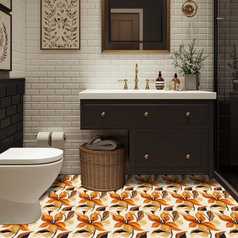 HOMETITUTE 10PCS 12x12 Inch Orange Brown Floral Textured Surface Floor Tiles Peel and Stick Removable Self Adhesive DIY Vinyl Flooring Stickers for Kitchen Bathroom Entryway Living Room Home Decor - Image 4