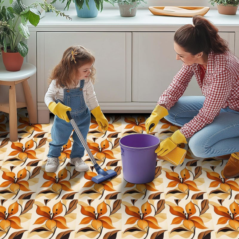 HOMETITUTE 10PCS 12x12 Inch Orange Brown Floral Textured Surface Floor Tiles Peel and Stick Removable Self Adhesive DIY Vinyl Flooring Stickers for Kitchen Bathroom Entryway Living Room Home Decor - Image 5