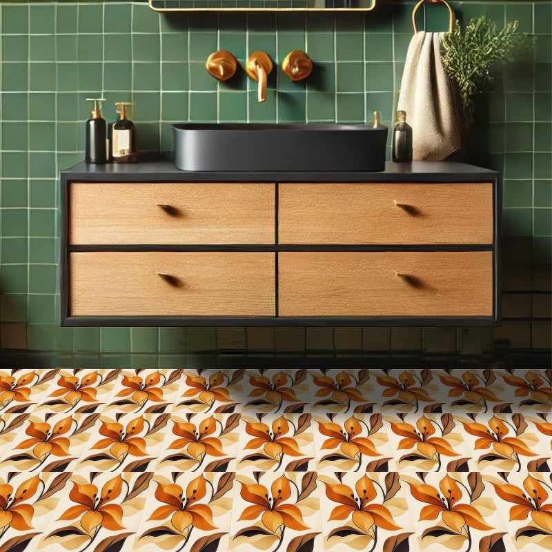 HOMETITUTE 10PCS 12x12 Inch Orange Brown Floral Textured Surface Floor Tiles Peel and Stick Removable Self Adhesive DIY Vinyl Flooring Stickers for Kitchen Bathroom Entryway Living Room Home Decor - Image 3