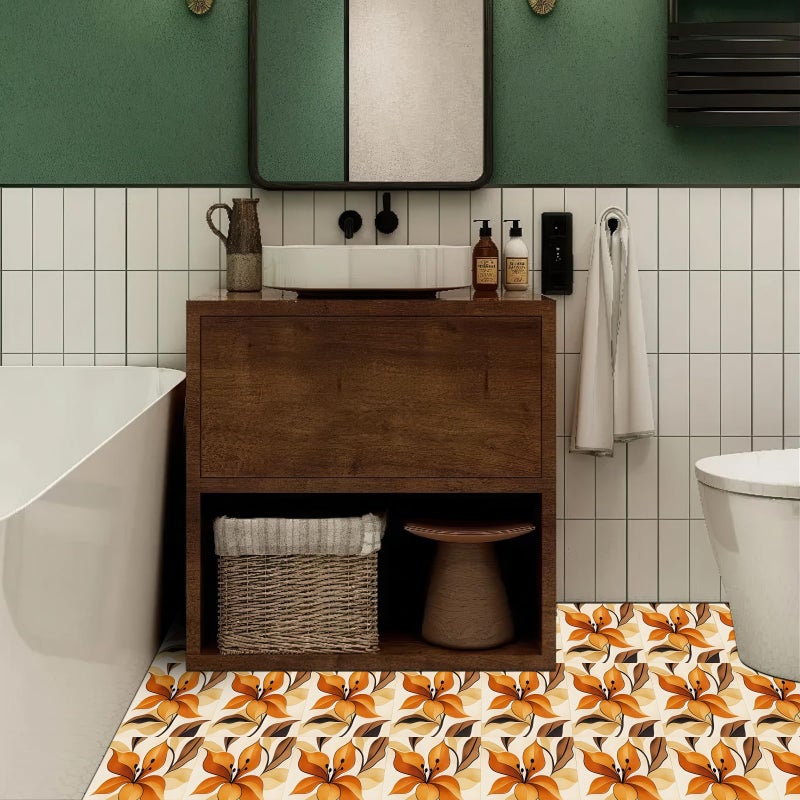 HOMETITUTE 10PCS 12x12 Inch Orange Brown Floral Textured Surface Floor Tiles Peel and Stick Removable Self Adhesive DIY Vinyl Flooring Stickers for Kitchen Bathroom Entryway Living Room Home Decor - Image 2