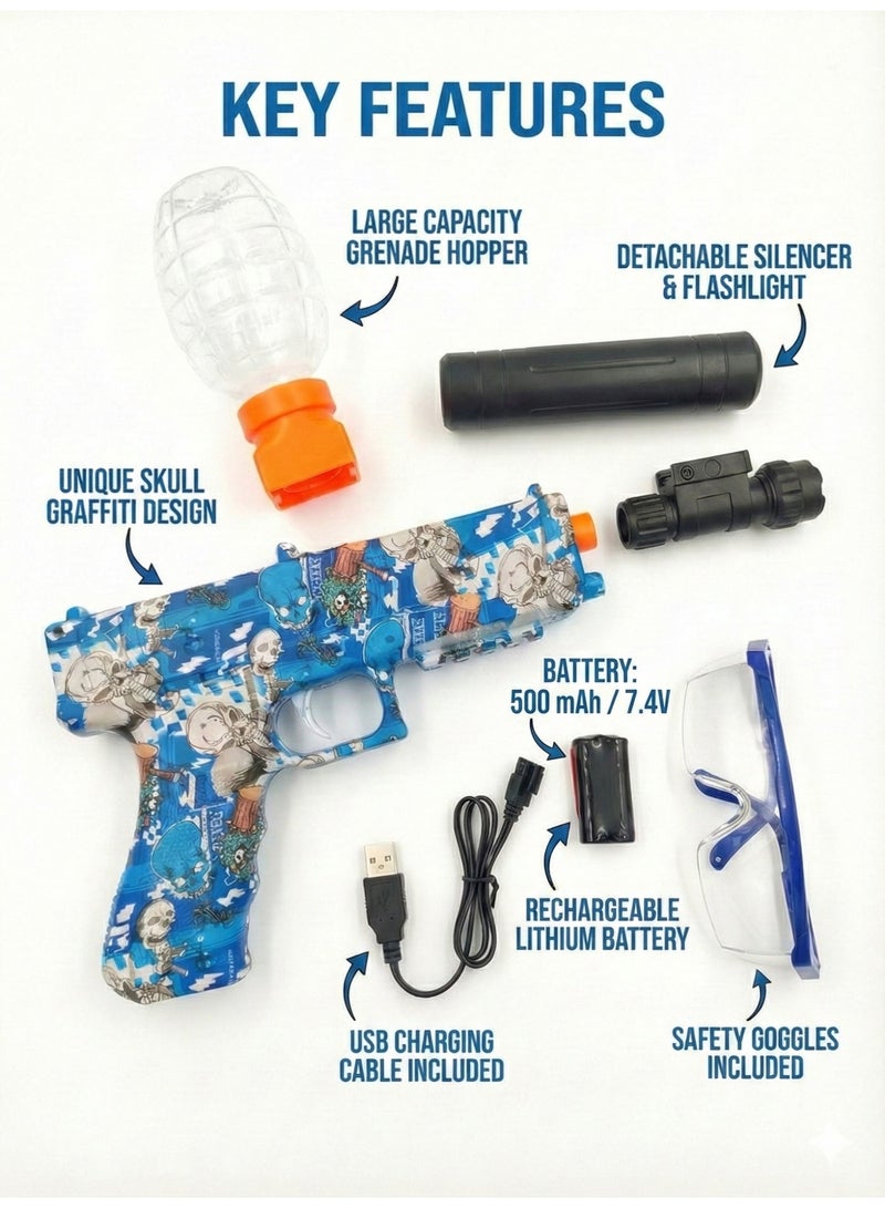 REZZOSS Electric Gel Ball Blaster M1911 Toy Gun – Automatic Hydrogel Splatter Shooter with Blue Graffiti Skull Design | Rechargeable Battery, Silencer, Flashlight & Safety Goggles | Outdoor CS Battle Team Game Gift for Kids Boys 12+ - Image 2