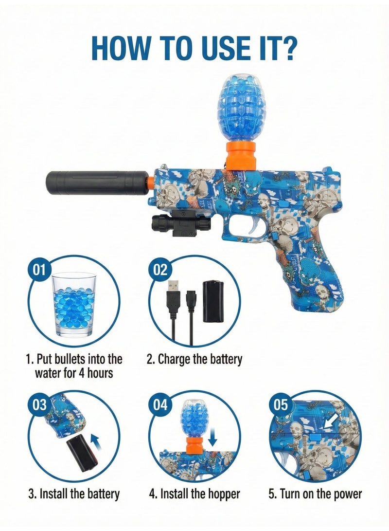 REZZOSS Electric Gel Ball Blaster M1911 Toy Gun – Automatic Hydrogel Splatter Shooter with Blue Graffiti Skull Design | Rechargeable Battery, Silencer, Flashlight & Safety Goggles | Outdoor CS Battle Team Game Gift for Kids Boys 12+ - Image 3