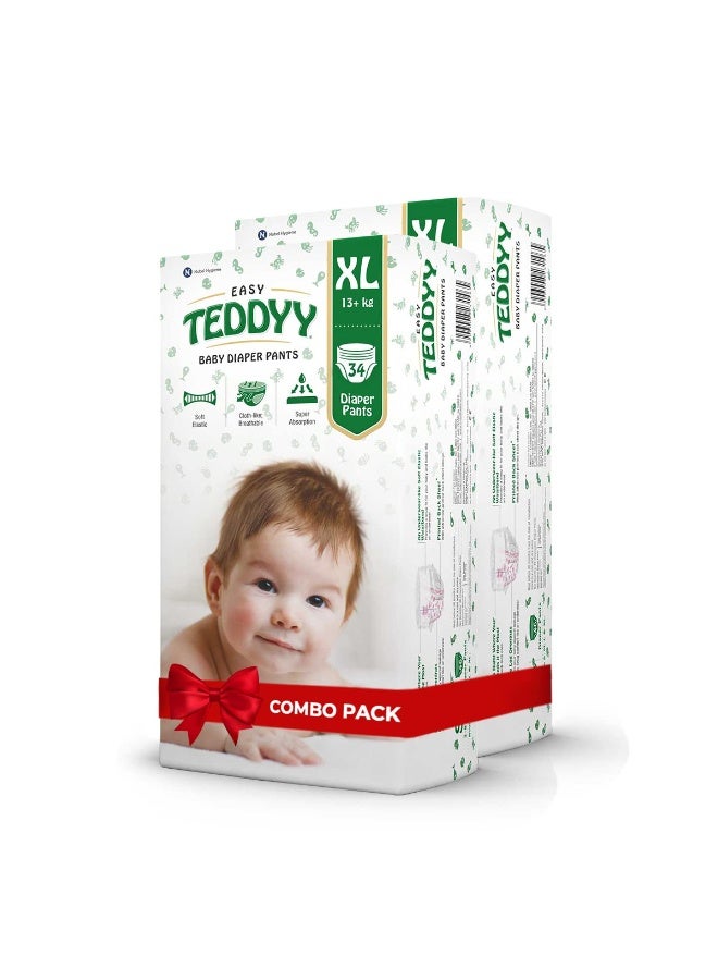 TEDDYY Easy Baby XL Size Diaper Pant Style | 34 Count (Extra Large) | 12–17 kg (Pack of 2) | Long Protection Hours | Anti-Bacterial | Airy Breathable Fit | Rapid Soaker Channels with Wetness Indicator