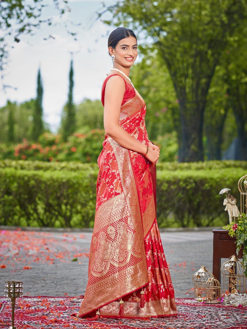 MANOHARI Women's Most Trendy Banarasi Satin Silk Woven Vibrant Red Saree With Heavy Jacquard Work Saree With Blouse Piece_MN2050 - Image 5