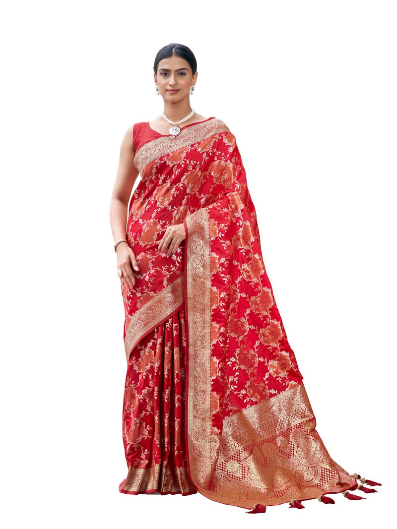 MANOHARI Women's Most Trendy Banarasi Satin Silk Woven Vibrant Red Saree With Heavy Jacquard Work Saree With Blouse Piece_MN2050 - Image 1