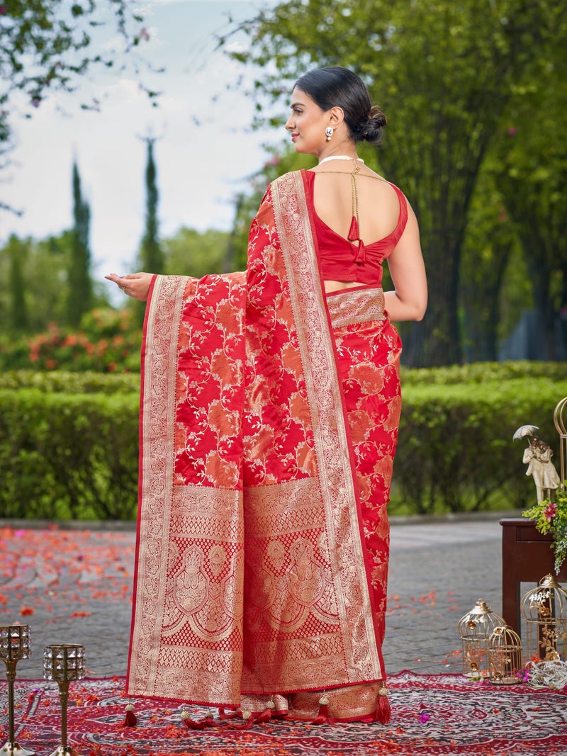 MANOHARI Women's Most Trendy Banarasi Satin Silk Woven Vibrant Red Saree With Heavy Jacquard Work Saree With Blouse Piece_MN2050 - Image 4