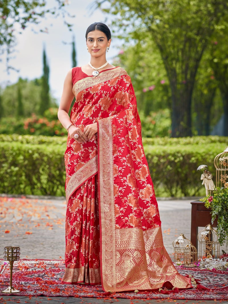 MANOHARI Women's Most Trendy Banarasi Satin Silk Woven Vibrant Red Saree With Heavy Jacquard Work Saree With Blouse Piece_MN2050 - Image 2