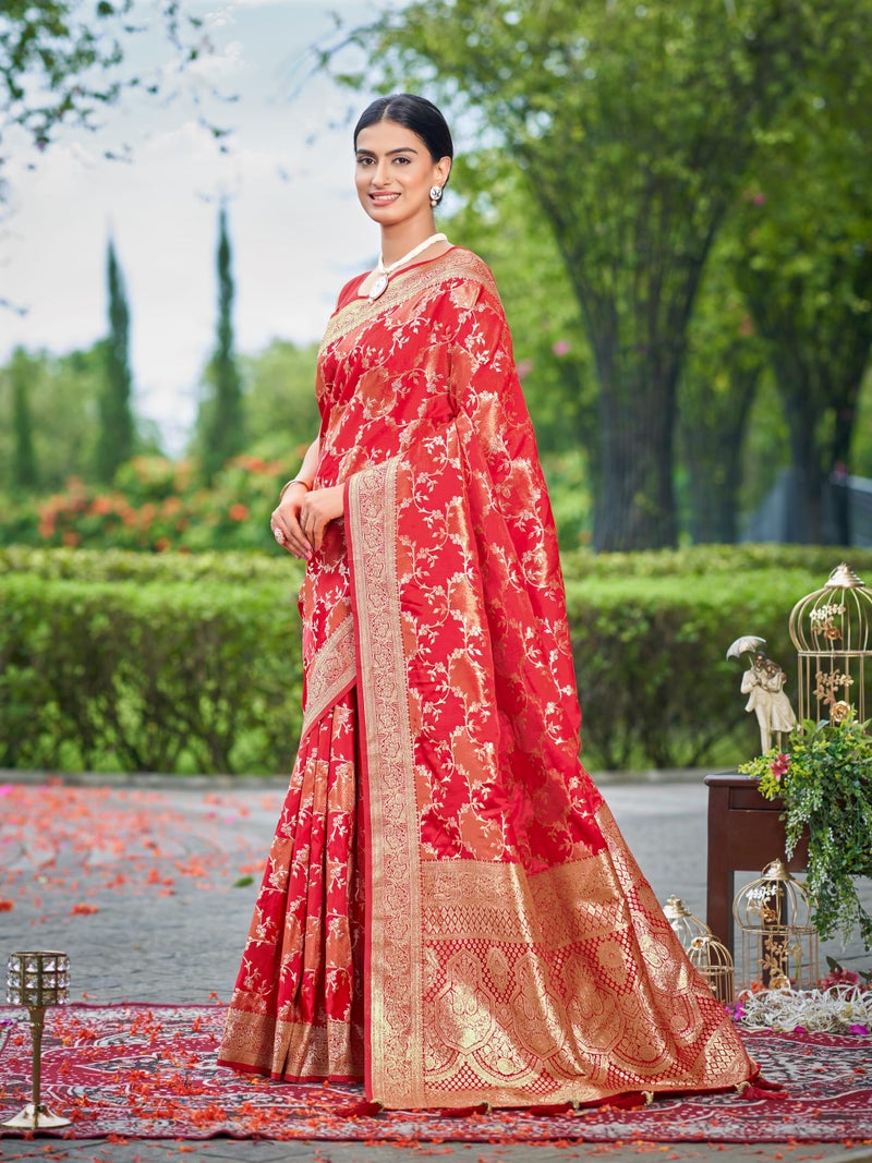 MANOHARI Women's Most Trendy Banarasi Satin Silk Woven Vibrant Red Saree With Heavy Jacquard Work Saree With Blouse Piece_MN2050 - Image 3