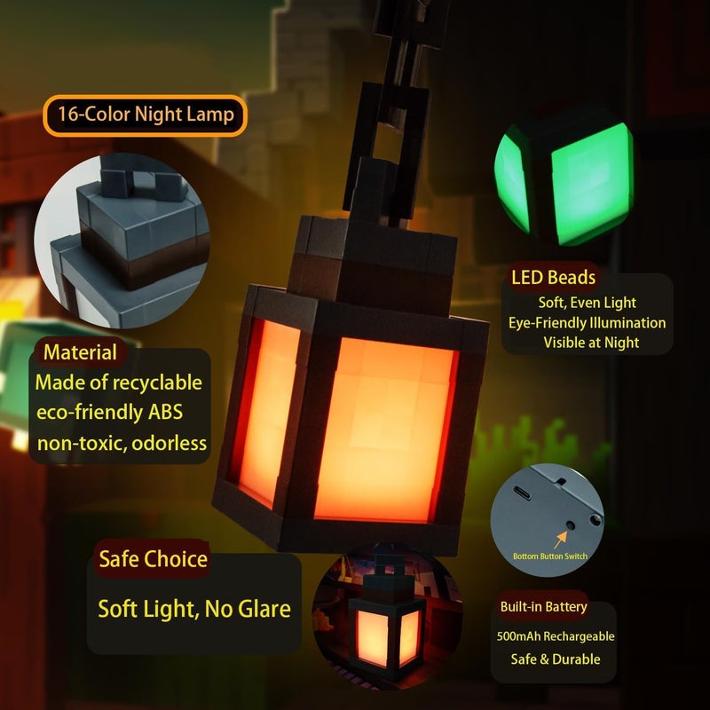 HYRAINBOW Pixelated Lantern Night Light, 16 Colors Rechargeable LED Lamp with Remote, Retro Pixel Style Table/Wall Light for Bedroom Gaming Kids Room Décor - Image 4