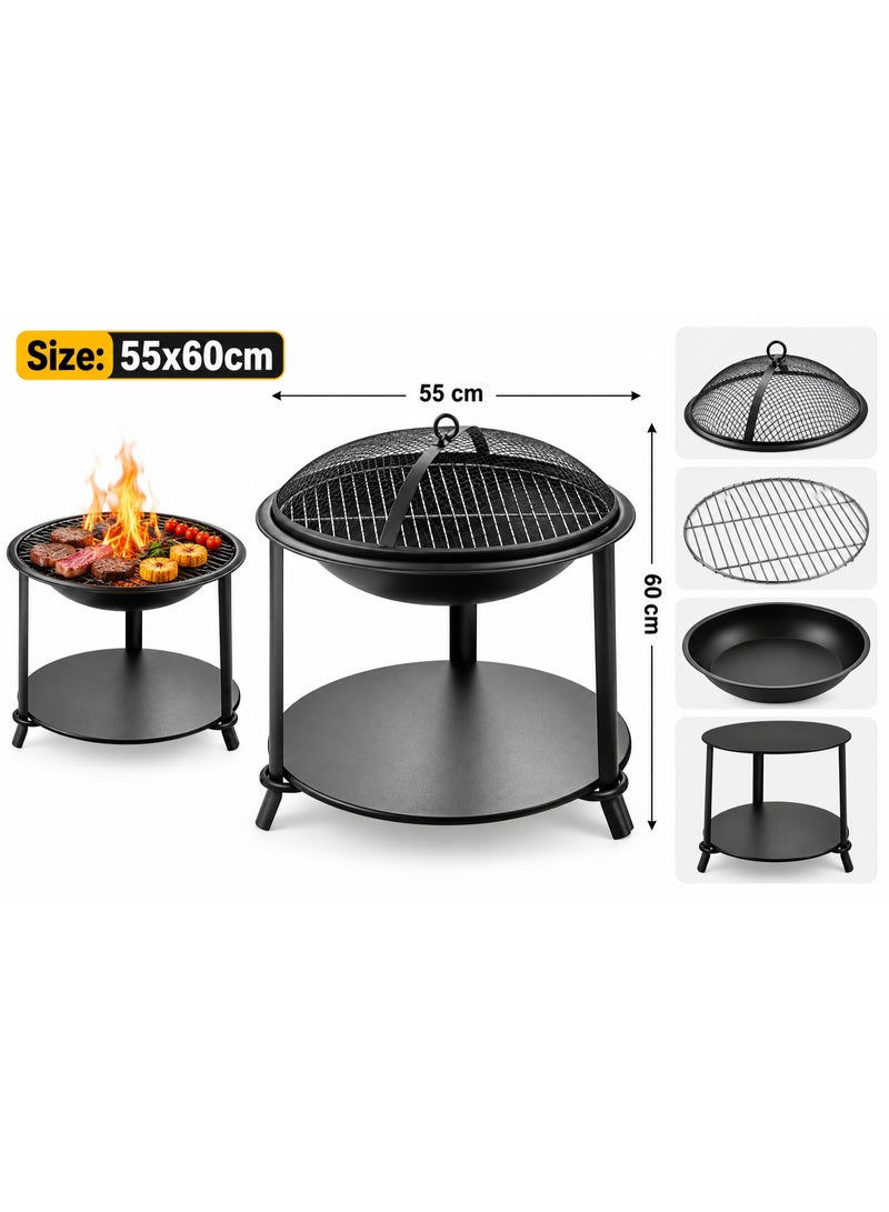 Home Outdoor Fire Pit BBQ Grill 55 × 60 cm – Multifunctional Charcoal Barbecue with Cooking Grate, Mesh Spark Screen & Lower Shelf - Image 1