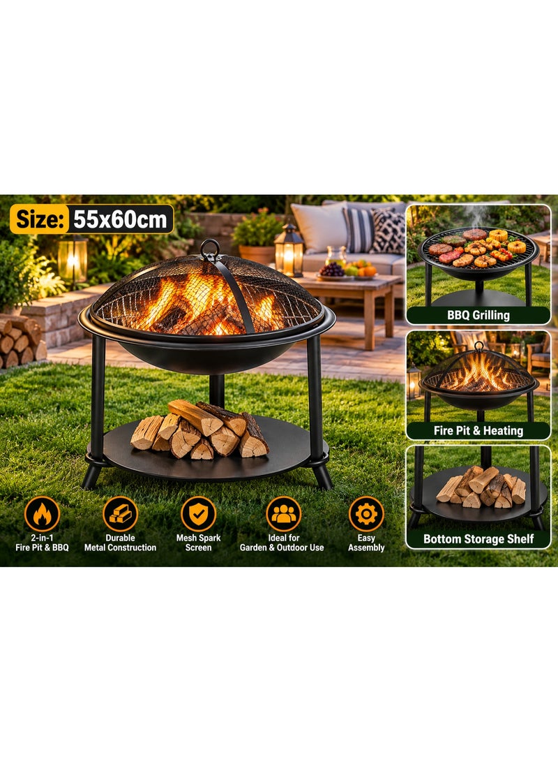 Home Outdoor Fire Pit BBQ Grill 55 × 60 cm – Multifunctional Charcoal Barbecue with Cooking Grate, Mesh Spark Screen & Lower Shelf - Image 2