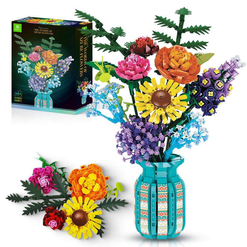 ZONECYTD Flowers Bouquet Toys Building Blocks Set with Vase Roses Sunflower Hyacinth Hydrangea Artificial Plants for Adults Teen Girls Home Office Decor 1853pcs - Image 2