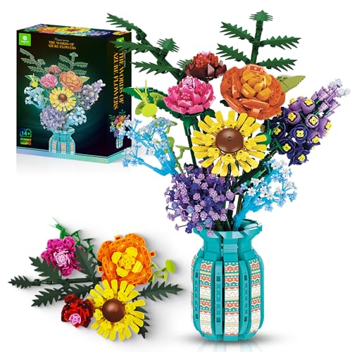ZONECYTD Flowers Bouquet Toys Building Blocks Set with Vase Roses Sunflower Hyacinth Hydrangea Artificial Plants for Adults Teen Girls Home Office Decor 1853pcs - Image 1