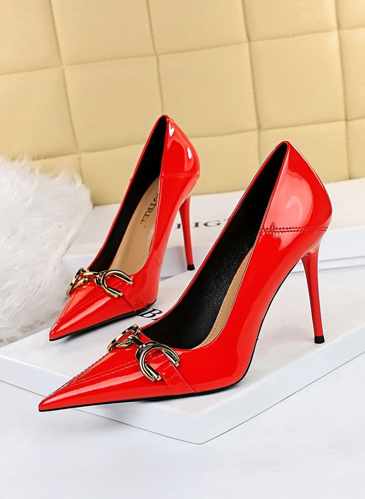 بيج تري Women's Elegant Stiletto Pumps With Metal Belt Buckle 10.5 CM Fashion Gorgeous Closed Pointed Toe Slip On Solid High Heels Red - Image 1