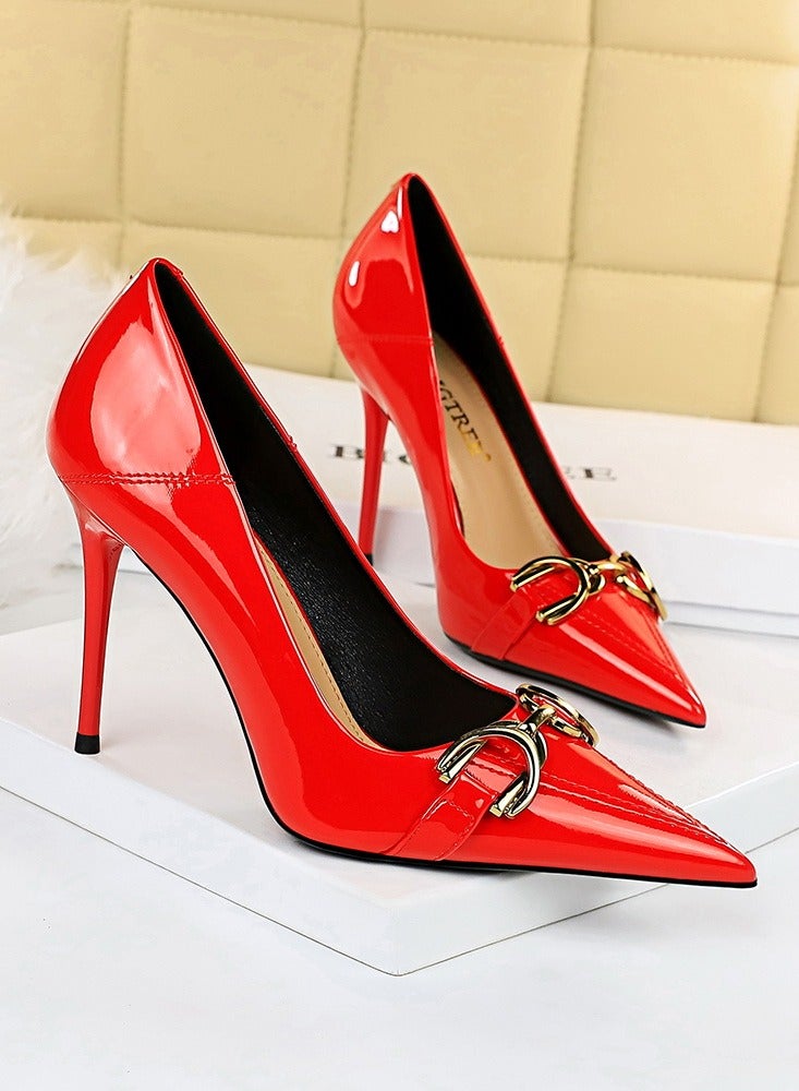 بيج تري Women's Elegant Stiletto Pumps With Metal Belt Buckle 10.5 CM Fashion Gorgeous Closed Pointed Toe Slip On Solid High Heels Red - Image 2