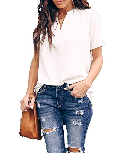 Allimy Women Summer Casual V Neck Dressy Tunic Chiffon Blouses and Tops 2025 Plus Size Large White - Image 2