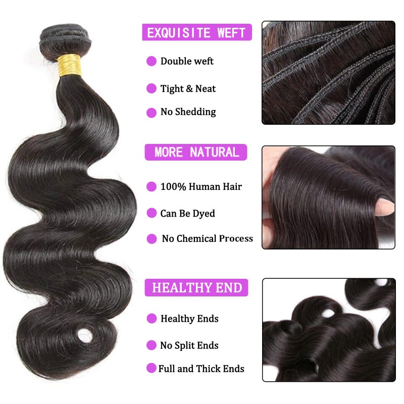 Generous Bundles with Closure Human Hair Body Wave 12 14 16+10 Inch 100% Unprocessed Brazilian Virgin Hair Extensions 3 Bundles with 4x4 Free Part Lace Closure Natural Black - Image 2