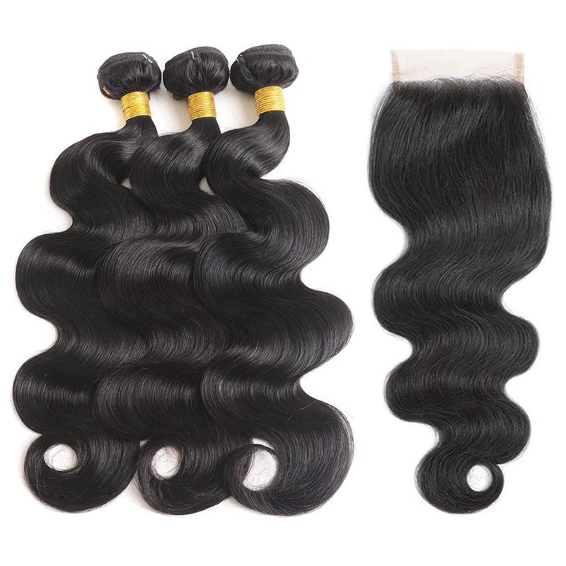Generous Bundles with Closure Human Hair Body Wave 12 14 16+10 Inch 100% Unprocessed Brazilian Virgin Hair Extensions 3 Bundles with 4x4 Free Part Lace Closure Natural Black - Image 1