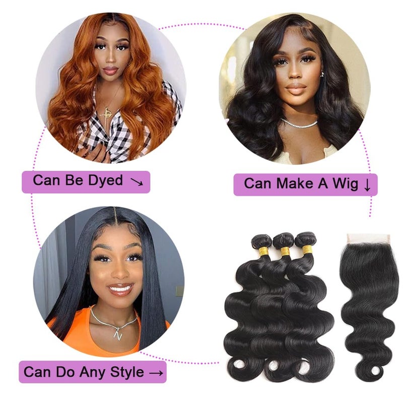 Generous Bundles with Closure Human Hair Body Wave 12 14 16+10 Inch 100% Unprocessed Brazilian Virgin Hair Extensions 3 Bundles with 4x4 Free Part Lace Closure Natural Black - Image 5