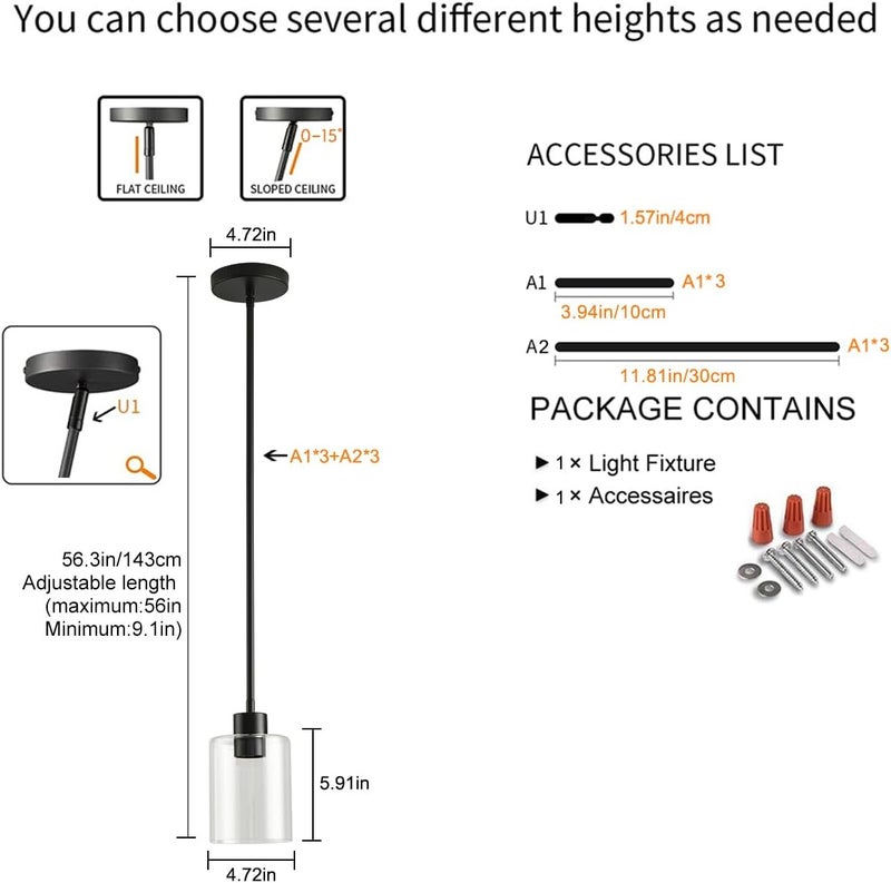 KLSS Black Pendant Lights Kitchen Island,Modern Farmhouse Glass Pendant Light,Light Fixture Kitchen Pendant Mini Hanging Light Fixture for Sink (1 Pack Black stem Rod) - Image 3