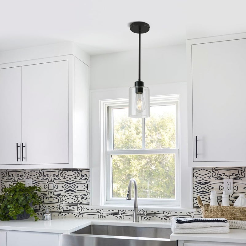 KLSS Black Pendant Lights Kitchen Island,Modern Farmhouse Glass Pendant Light,Light Fixture Kitchen Pendant Mini Hanging Light Fixture for Sink (1 Pack Black stem Rod) - Image 2