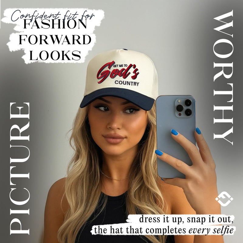 Funky Junque Two-Tone Canvas Snapback Baseball Cap - Get Me to God's Country - Navy/Beige - Image 2